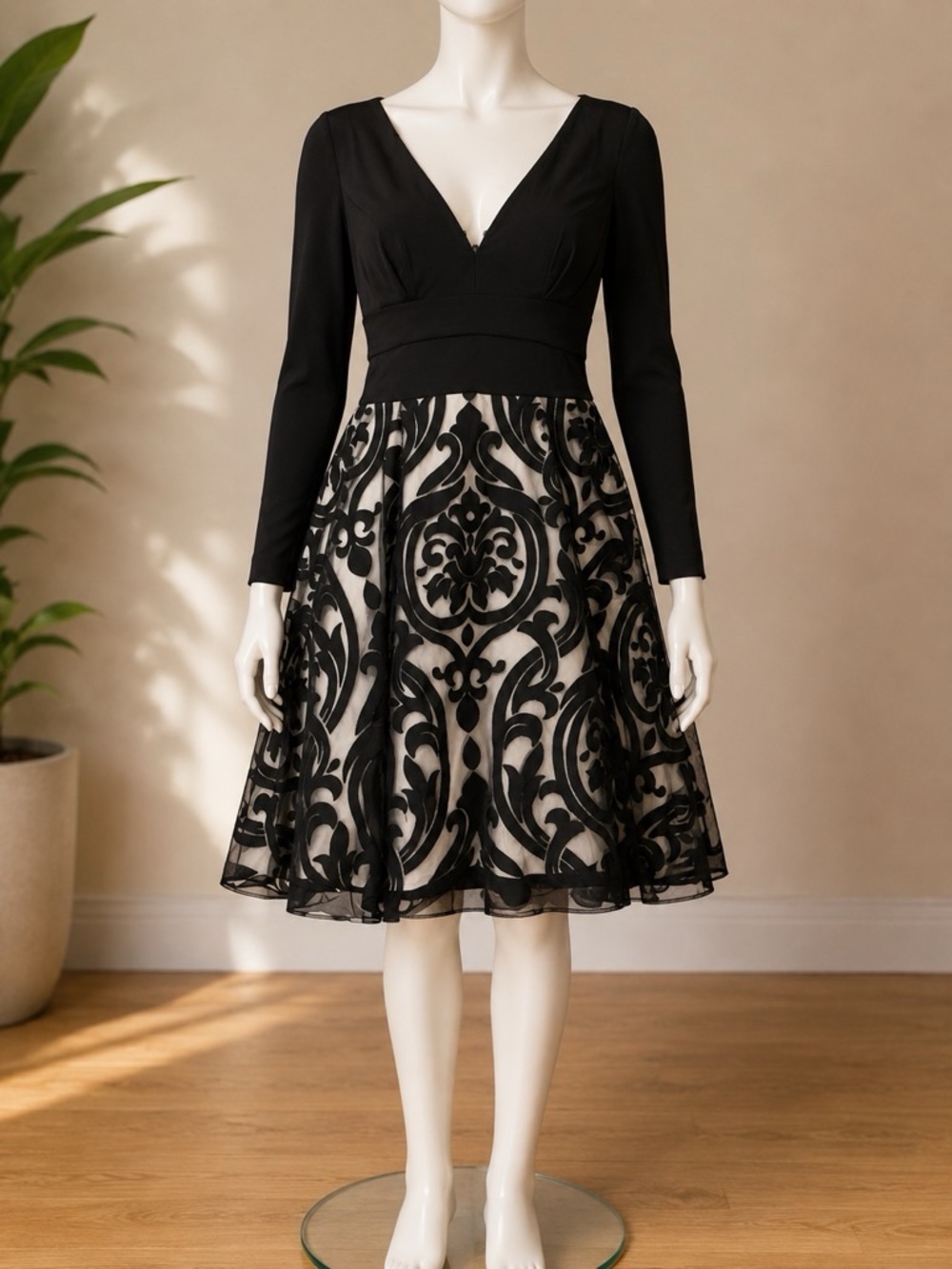 Xscape Black V-Neck Long-Sleeve A-Line Dress with Ornate Sheer Skirt